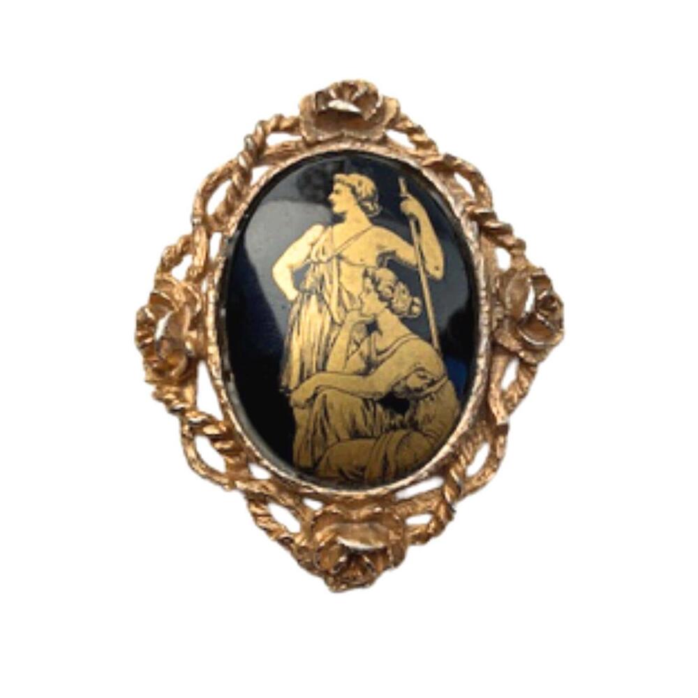 Vintage Black Glass Intaglio Gold Tone Brooch Convertible Pendant